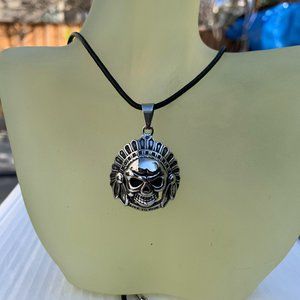 NEW 316L Stainless Steel Skull Face Indian Head Pendant on a Black Cord Necklace